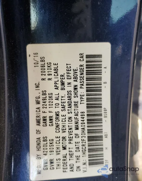 2017 Honda Accord Lx from USA, damaged, VIN 1HGCR2F30HA094498